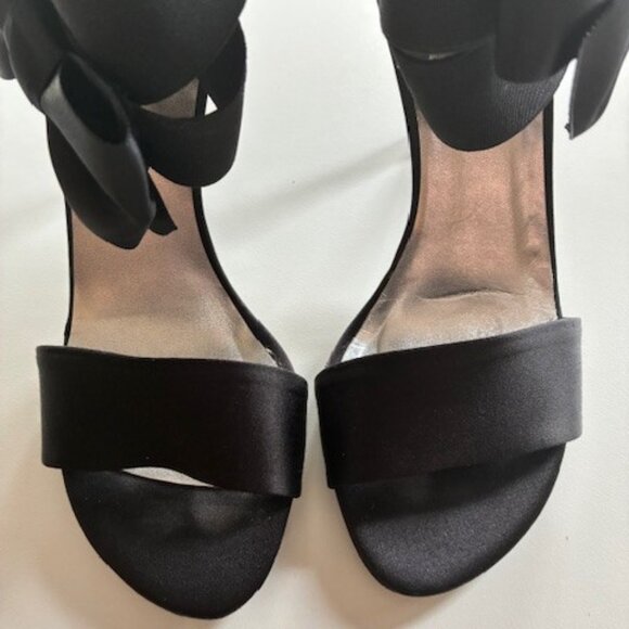 Stuart Weitzman Black Satin Bow Sandal with Elastic Bands | 4" Heel | Size 8.5 - Picture 10 of 16